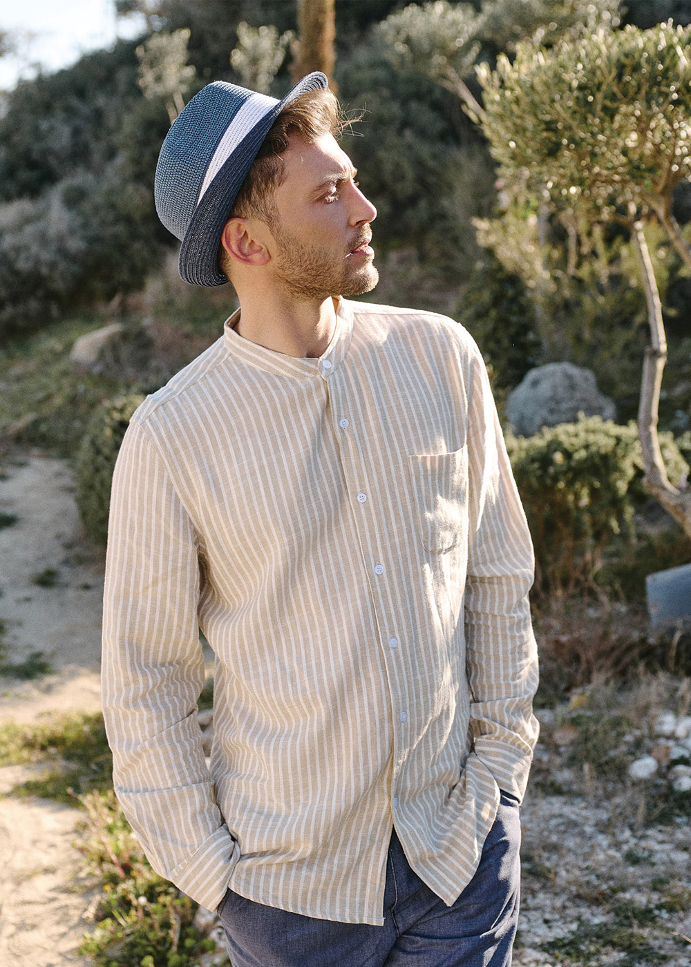 Blue fedora with white details